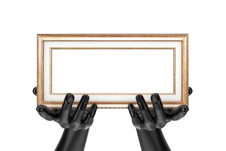 Abstract Mannequin Hands Holding Classic Wooden Photo Frame with Free Space for Your Design on a white background. 3d Renderingの写真素材