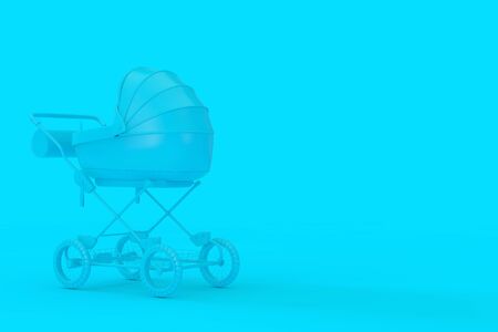 Modern Blue Baby Carriage, Stroller, Pram Mock Up in Duotone Style on a blue background. 3d Renderingの写真素材