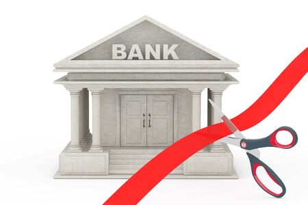 Scissors Cutting Red Ribbon in Front of Bank Building on a white background. 3d Renderingの写真素材