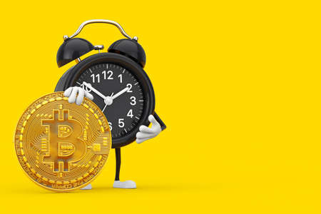 Alarm Clock Character Mascot with Digital and Cryptocurrency Golden Bitcoin Coin on a yellow background. 3d Renderingの写真素材