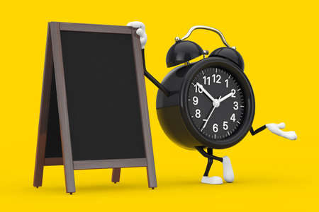 Alarm Clock Character Mascot with Blank Wooden Menu Blackboards Outdoor Display on a yellow background. 3d Renderingの写真素材