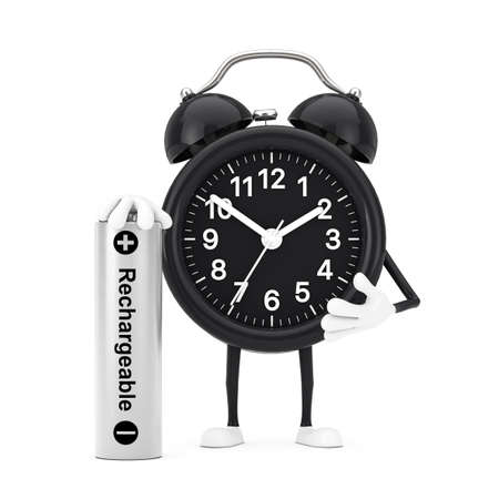 Alarm Clock Character Mascot with Rechargeable Battery on a white background. 3d Rendering