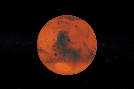View of Full Big Red Planet Mars from Space on a black sky background. 3d Rendering