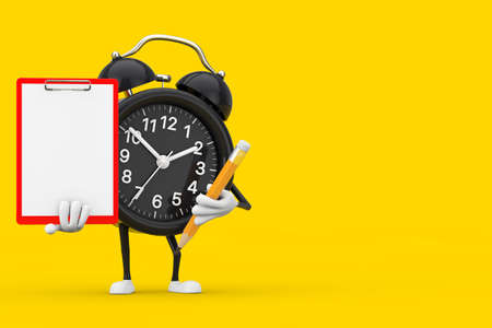 Alarm Clock Character Mascot with Red Plastic Clipboard, Paper and Pencil on a yellow background. 3d Renderingの写真素材