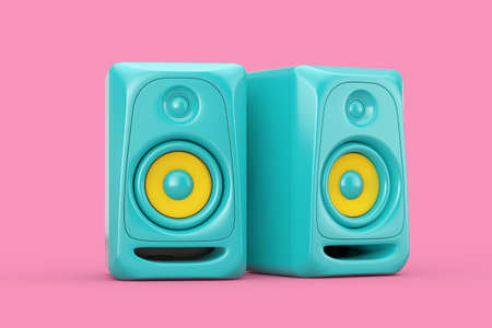 Blue Audio Studio Acoustic Speakers in Duotone Style on a pink background. 3d Rendering