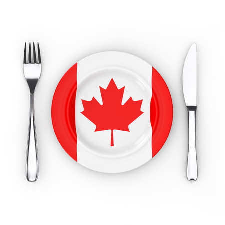 Canadian Food or Cuisine Concept. Fork, Knife and Plate with Canada Flag on a white background. 3d Renderingの写真素材