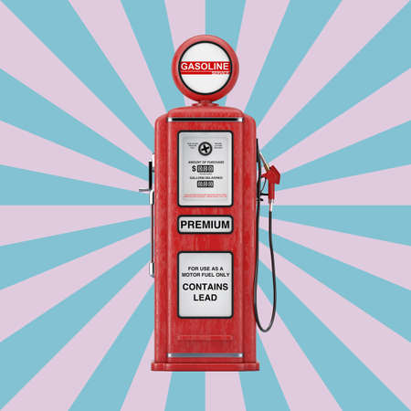 Red Retro Gas Pump on a Vintage Star Shape Pink and Blue background. 3d Renderingの写真素材