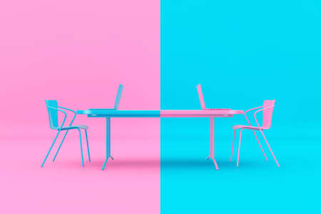 Confrontation Concept. Pink and Blue Chairs, Laptops and Desk as Duotone Style in front of pink and blue background. 3d Renderingの写真素材
