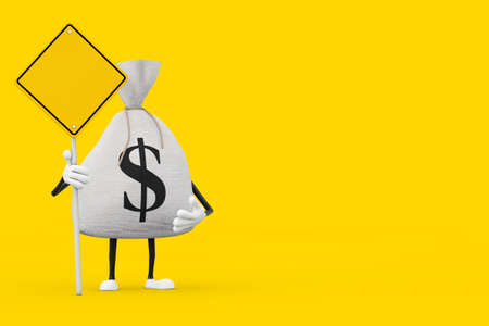 Tied Rustic Canvas Linen Money Sack or Money Bag and Dollar Sign Character Mascot with Yellow Road Sign with Free Space for Yours Design on a yellow background. 3d Renderingの写真素材