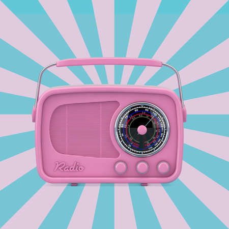 Pink Vintage Radio on a Vintage Star Shape Pink and Blue background. 3d Renderingの写真素材