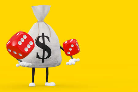 Tied Rustic Canvas Linen Money Sack or Money Bag and Dollar Sign Character Mascot with Red Game Dice Cubes in Flight on a yellow background. 3d Renderingの写真素材
