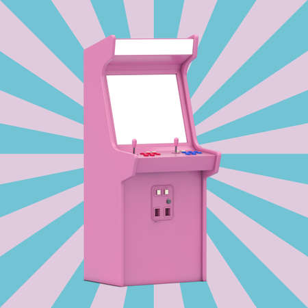 Pink Gaming Arcade Machine with Blank Screen for Your Design on a Vintage Star Shape Pink and Blue...