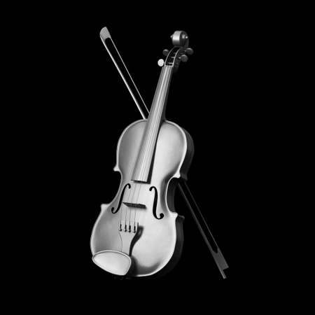 Classical  Silver Violin with Bow on a black background. 3d Renderingの写真素材