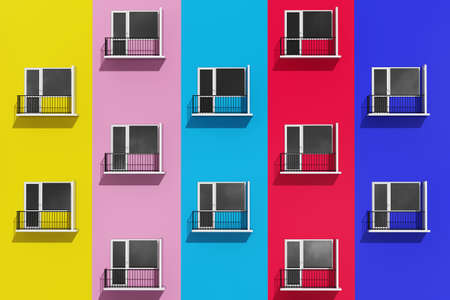 Urban Life Concept. Rows of Balconies on Multicolour Modern Building extreme closeup. 3d Renderingの写真素材