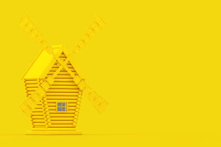 Old Yellow Windmill Farm in Duotone Style on a yellow background. 3d Renderingの写真素材