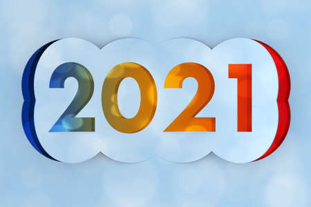 2021 Happy New Year Sign Cut from Paper on a blue background. 3d Rendering