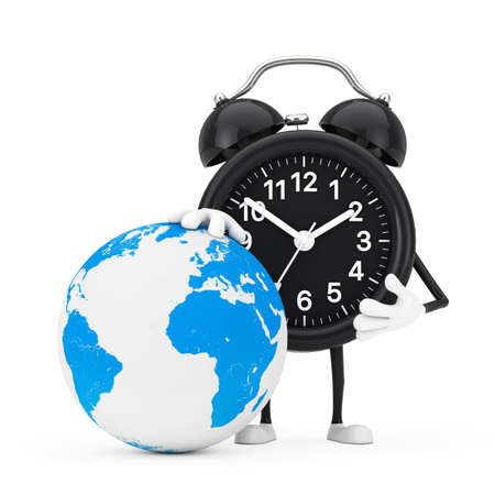 Alarm Clock Character Mascot with Gift Box with Earth Globe on a white background. 3d Renderingの写真素材