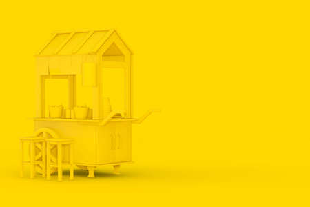 Yellow Asian Wooden Street Food Meatball Noodle Cart with Chairs in Duotone Style on a yellow background. 3d Renderingの写真素材
