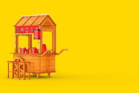 Asian Wooden Street Food Meatball Noodle Cart with Chairs on a yellow background. 3d Rendering