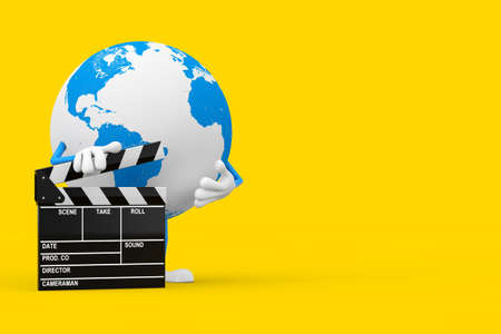 Earth Globe Character Mascot with Movie Clapper Board on a yellow background. 3d Rendering
