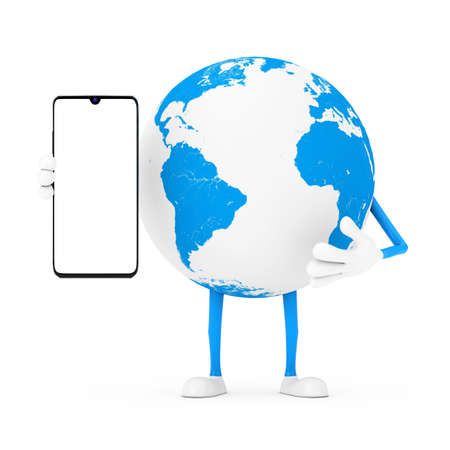 Earth Globe Character Mascot and Modern Mobile Phone with Blank Screen for Your Design on a white...