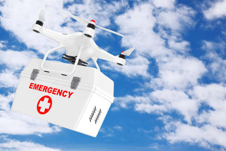 White Quadrocopter Drone with Emergency Medical Kit on a blue sky background. 3d Renderingの写真素材