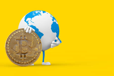 Earth Globe Character Mascot with Digital and Cryptocurrency Golden Bitcoin Coin on a yellow background. 3d Renderingの写真素材