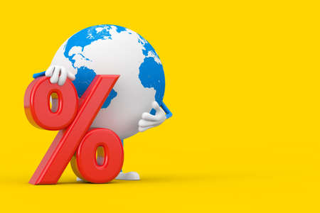 Earth Globe Character Mascot with Red Retail Percent Sale or Discount Sign on a yellow background....