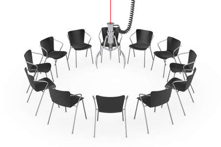 Black Office Chairs Around Chrome Robotic Claw on a white background. 3d Renderingの写真素材