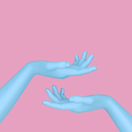 Abstract Mannequin Open Blue Hand in Duotone Style on a pink background. 3d Renderingの写真素材