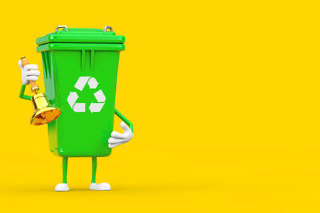 Recycle Sign Green Garbage Trash Bin Character Mascot with Vintage Golden School Bell on a yellow background. 3d Renderingの写真素材