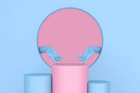 Blue Abstract Hands with Pink and Blue Pedestal Promo Stands on a pink and blue background. 3d Renderingの写真素材