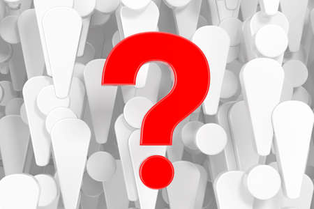 Red Question Mark in Front of A Lot of White Exclamation Marks Background extreme closeup. 3d...