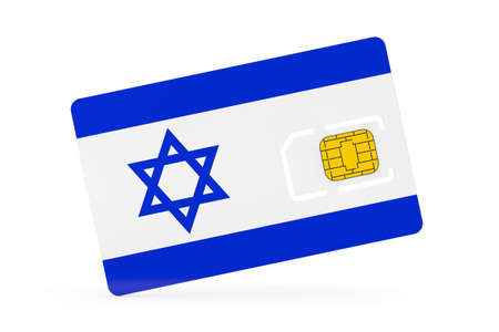 Mobile Phone Sim Card Chip with Flag of Israel on a white background. 3d Renderingの写真素材
