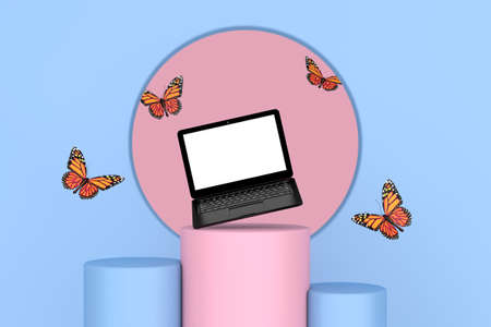 Flying Butterfly Between Modern Laptop Notebook over Pink and Blue Pedestal Promo Stands on a pink...