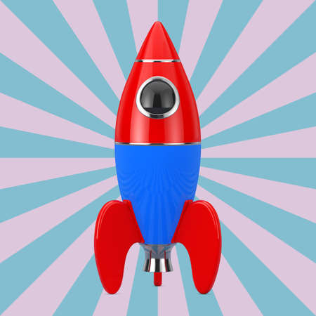 Childs Toy Rocket on a Vintage Star Shape Pink and Blue background. 3d Renderingの写真素材