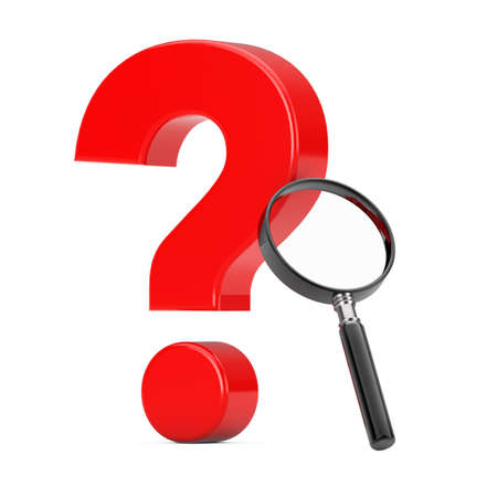 Magnifying Glass with Red Question Mark on a white background. 3d Renderingの写真素材