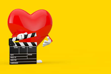 Red Heart Character Mascot with Movie Clapper Board on a yellow background. 3d Renderingの写真素材