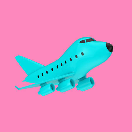 Blue Cartoon Toy Jet Airplane in Duotone Style on a pink background. 3d Rendering