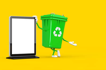 Recycle Sign Green Garbage Trash Bin Character Mascot with Blank Trade Show LCD Screen Stand as Template for Your Design on a yellow background. 3d Renderingの写真素材