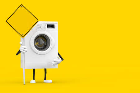 Modern White Washing Machine Character Mascot and Yellow Road Sign with Free Space for Yours Design on a yellow background. 3d Renderingの写真素材