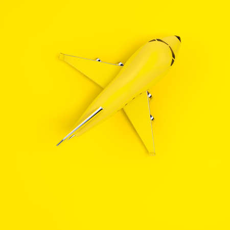 Top View of Yellow Cartoon Toy Jet Airplane as Duotone Style on a yellow background. 3d Renderingの写真素材