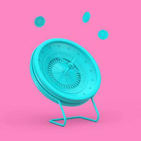 Blue Casino Roulette Wheel with Poker Casino Chips in Duotone Style on a pink background. 3d Renderingの写真素材