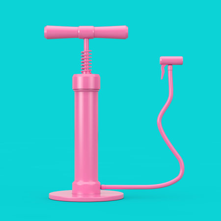 Automobile Pink Hand Air Pump in Duotone Style on a blue background. 3d Rendering
