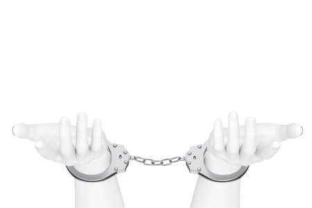 Crime and Law Concept. White Abstract Hands with Handcuffs on a white background. 3d Renderingの写真素材