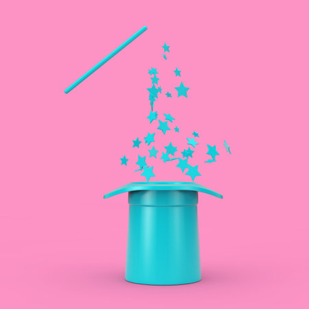 Magic Concept. Blue Magic Hat and Wand with Pink Sparkles in Duotone Style on a pink background. 3d Renderingの写真素材