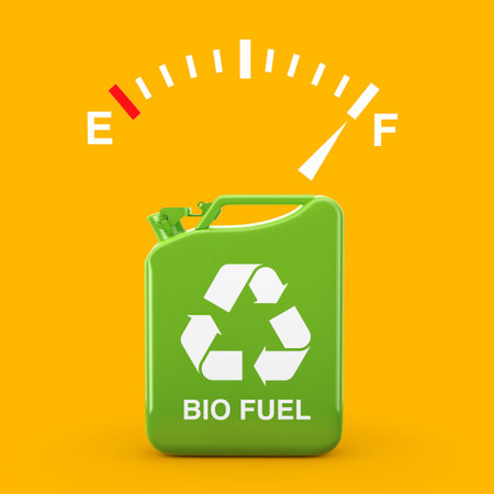 Fuel Dashboard Gauge Sign Showing a Full Tank near of Green Metal Jerrican with Bio Fuel Sign on a yellow background. 3d Renderingの写真素材
