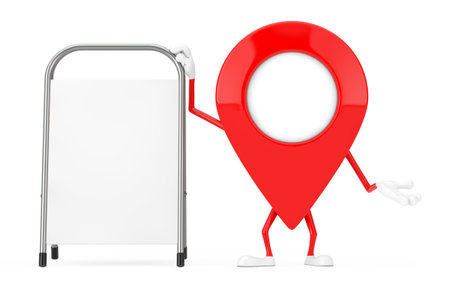 Map Pointer Pin Character Mascot with White Blank Advertising Promotion Stand on a white background. 3d Renderingの写真素材