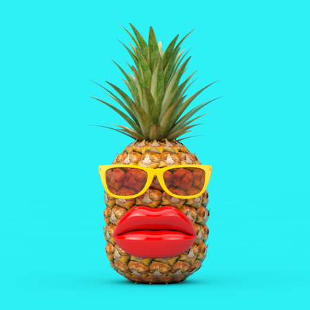 Fun Cartoon Fashion Hipster Cut Pineapple Character with Yellow Sunglasses and Big Red Lips on a blue background. 3d Renderingの写真素材