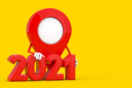 Map Pointer Pin Character Mascot with 2021 New Year Sign on a yellow background. 3d Renderingの写真素材